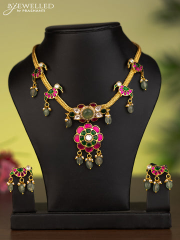 Antique attigai necklace parrot pendant with jadau kundan stones and natural beads & pearl hangings