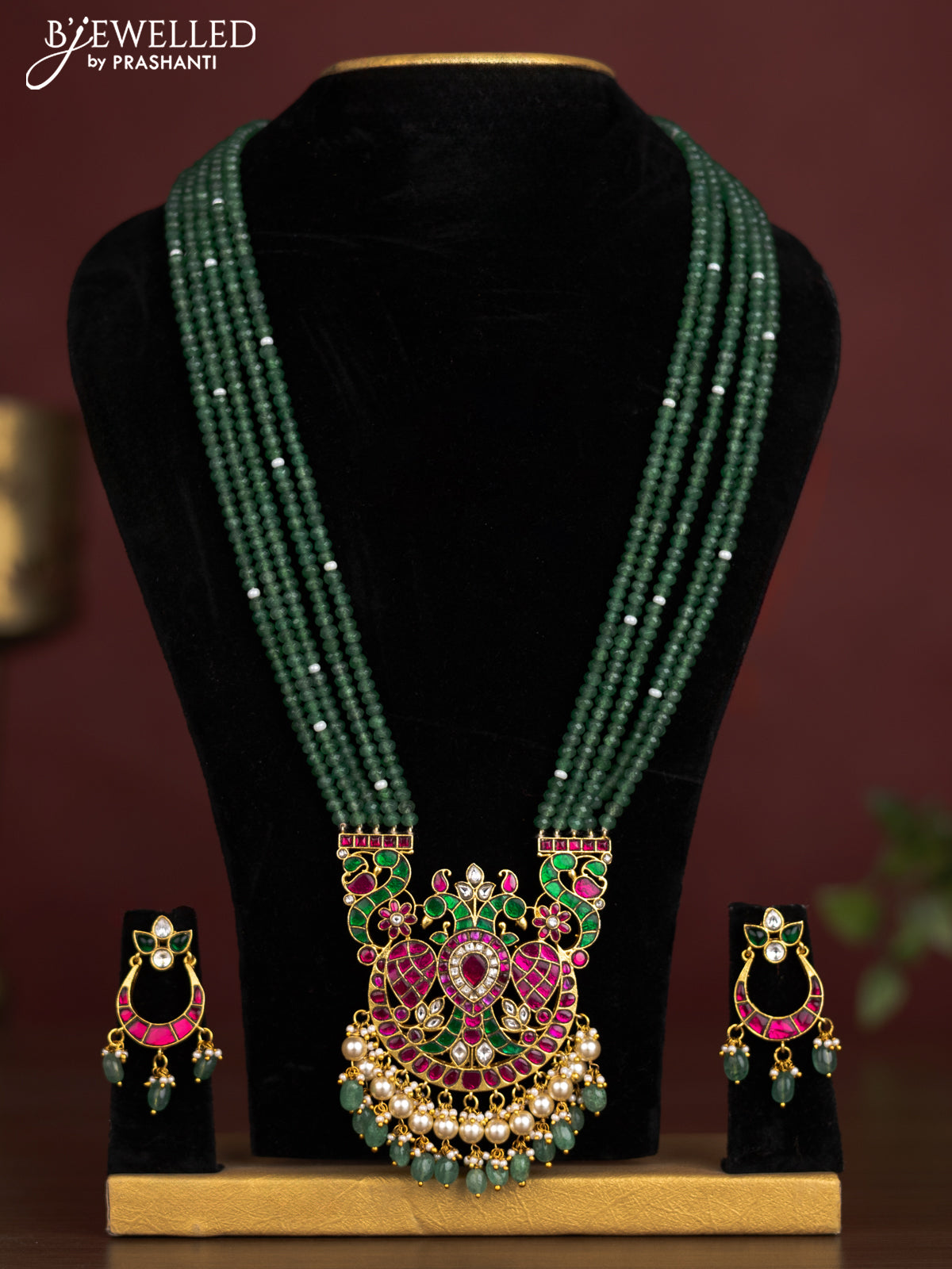 Antique beaded green necklace double peacock pendant with jadau kundan stones and pearl & beads hangings