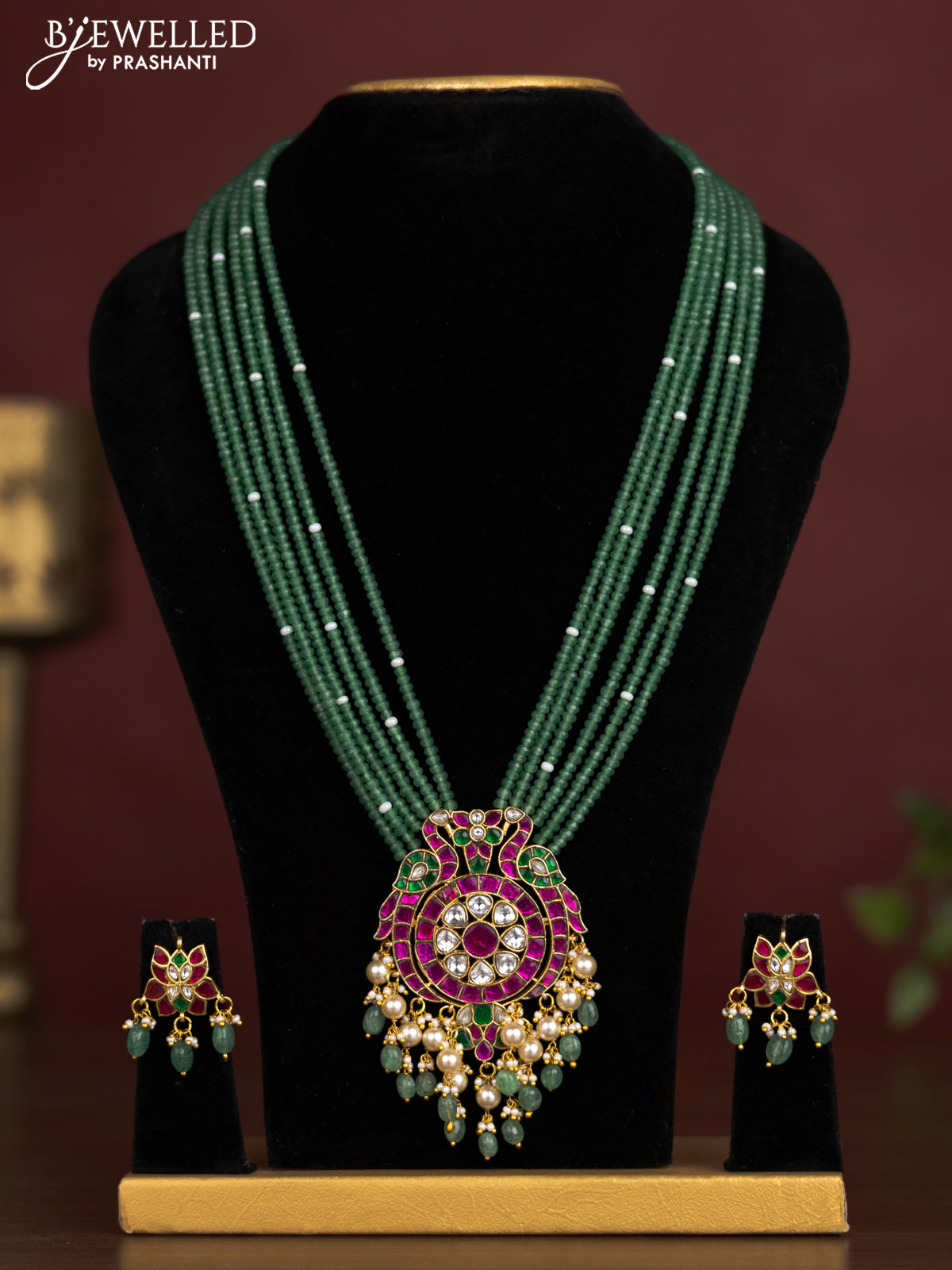 Antique beaded green necklace double peacock pendant with jadau kundan stones and pearl & beads hangings