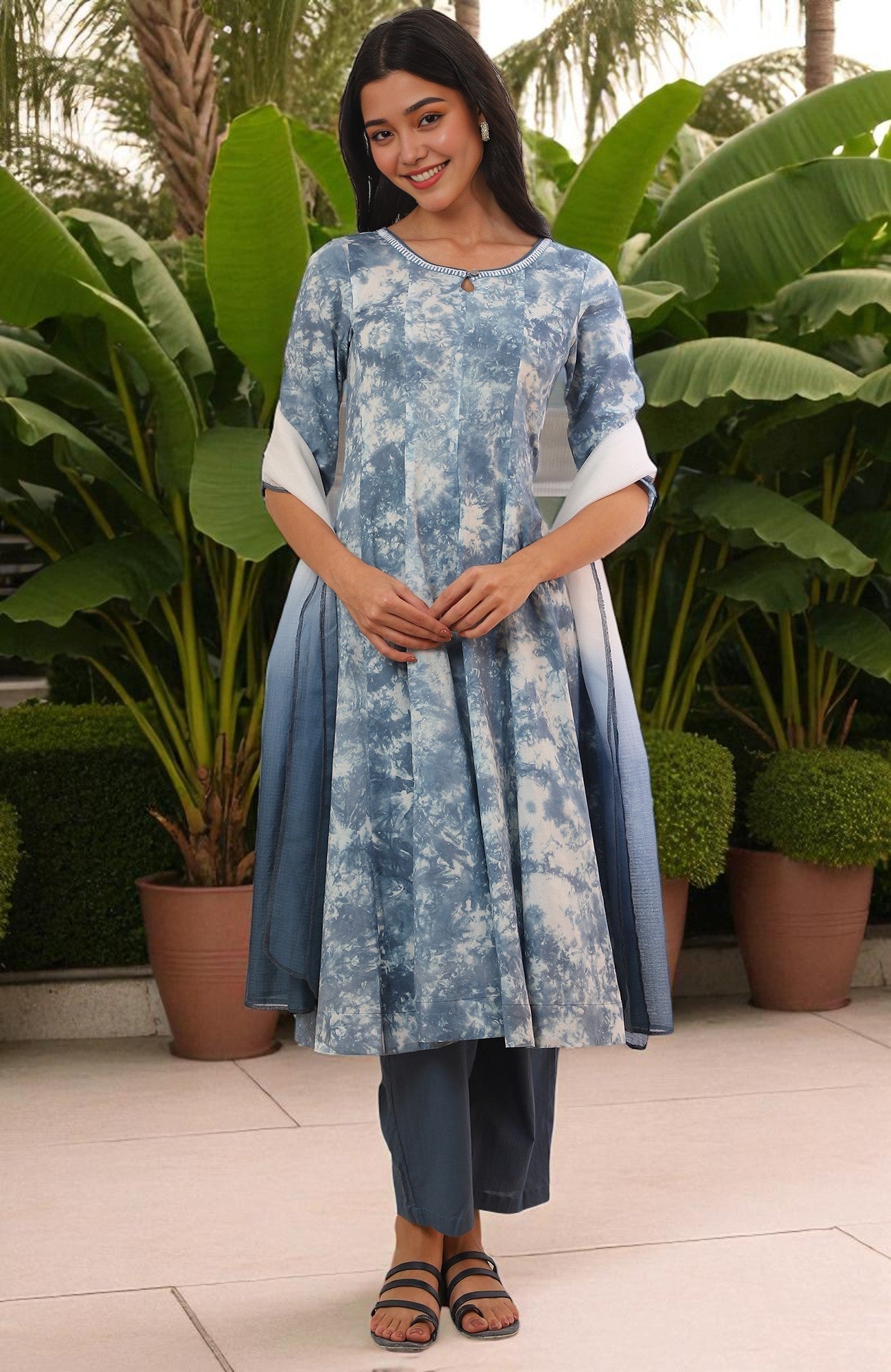 Blue Printed Flarred Kurta with Palazzo & Dupatta Set