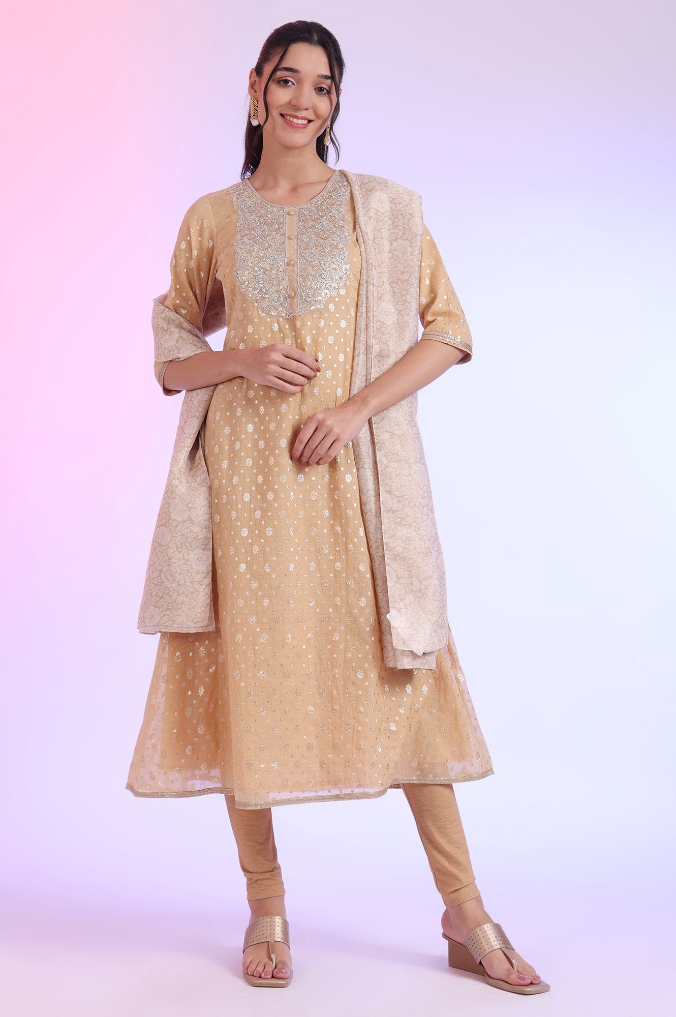 Beige Yarn Dyed Flarred Kurta with Leggings & Stole Set