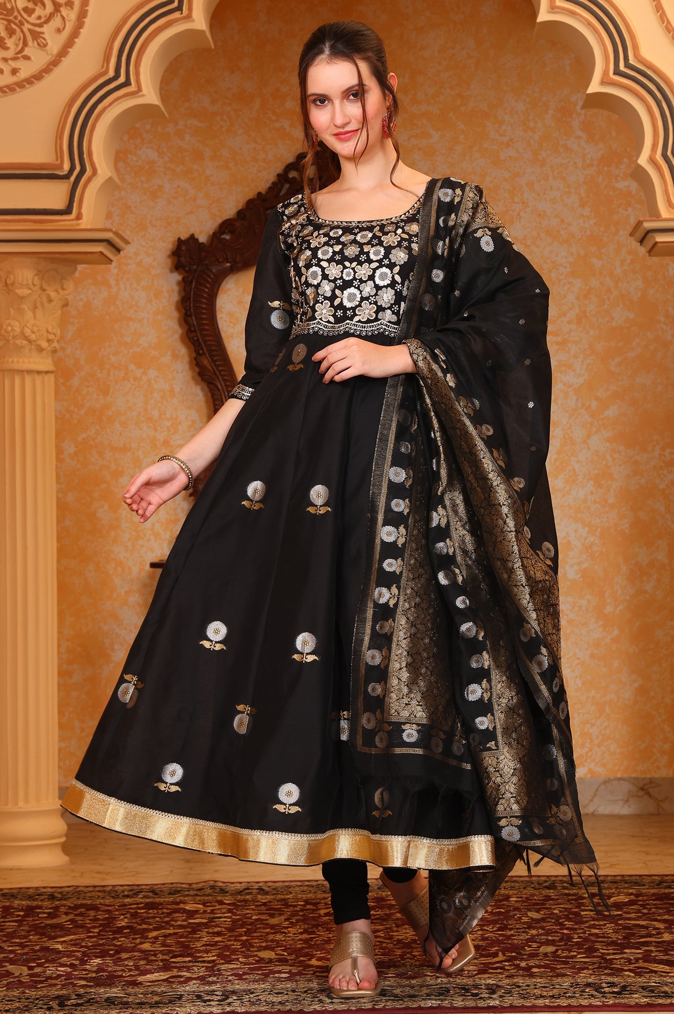 Black Metallic Embroidered Anarkali Jacquard Kurta, Tight and Dupatta Set