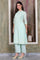 Blue Foil Printed Tape Embroidered Straight Pure Cotton Kurta and Palazzo Co-ord Set