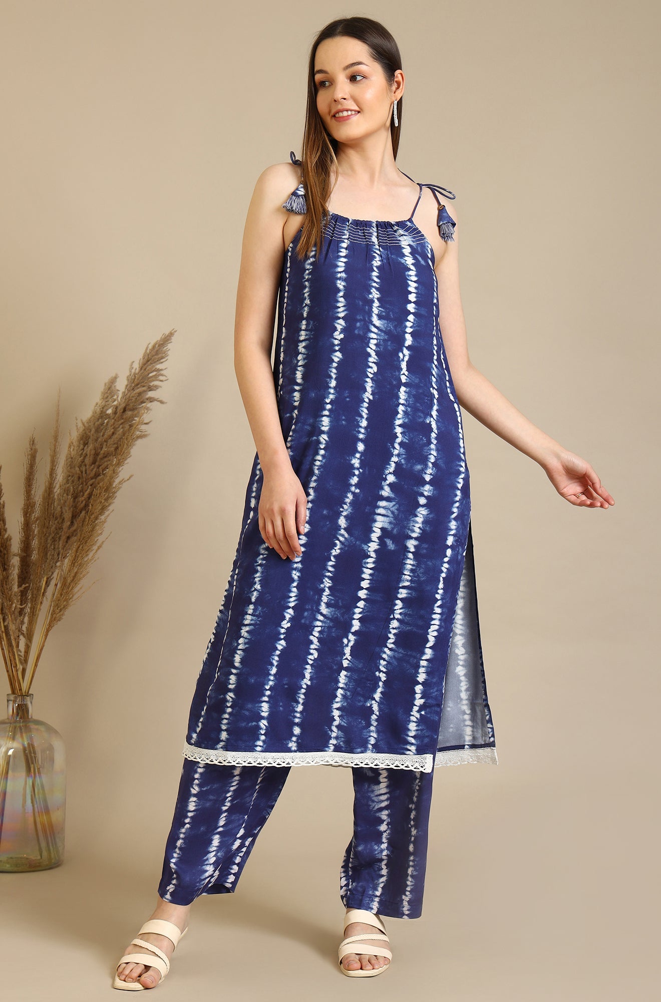 Blue Tie and Dye Shibori Saphetti Kurta and Palozzos Co-ord Set