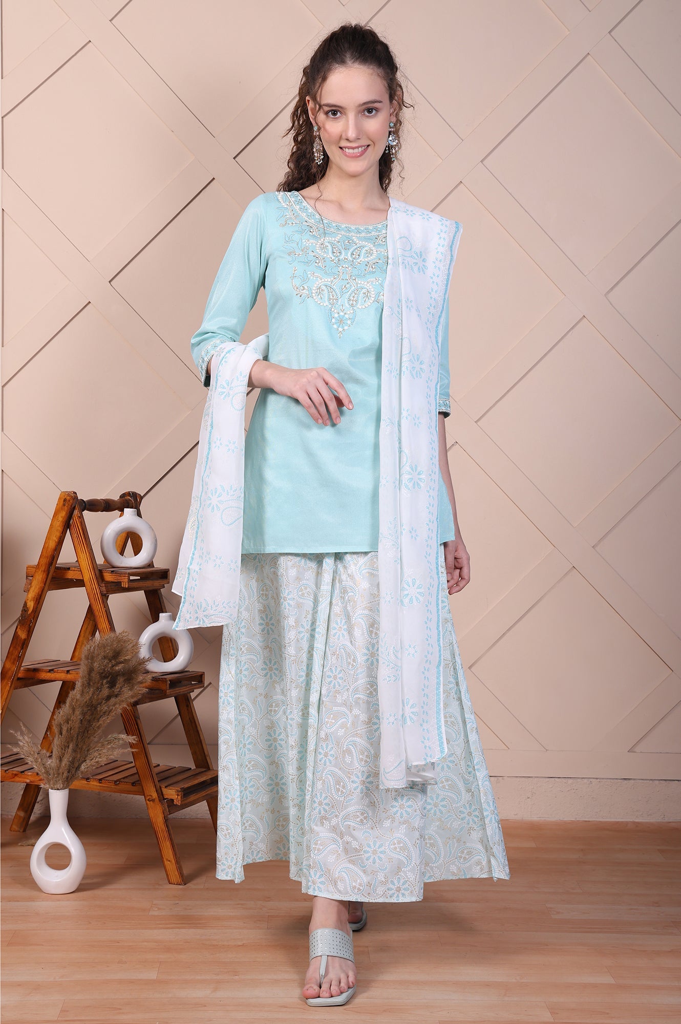 Blue Embroidered Festive Short Kurta, Printed Palazzo and Dupatta Set