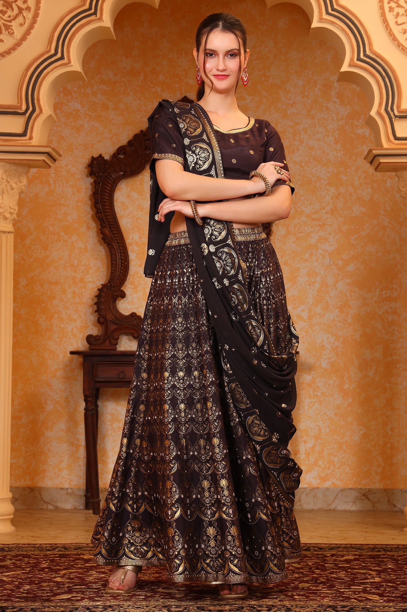 Black Abstract Printed Tape Embellished Straight Crop Top, Skirt and Dupatta Set