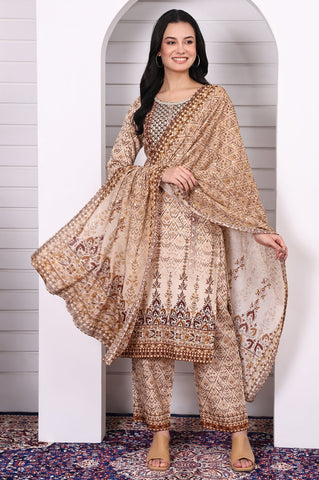 Beige Abstract Printed Beaded Cotton Straight Kurta, Palazzo and Dupatta Set