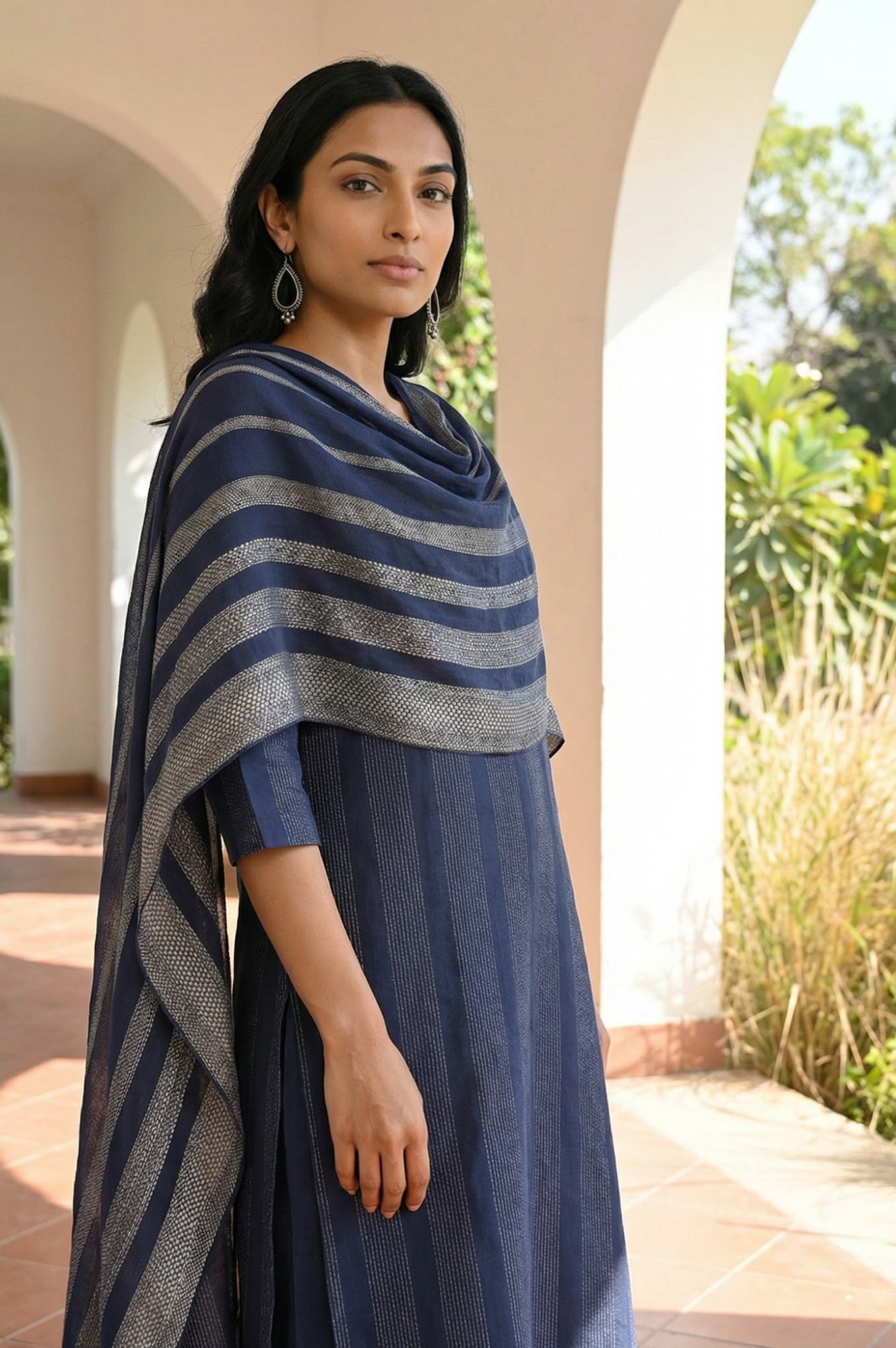 Navy Blue Yarn Dyed Striped Pure Cotton Stole