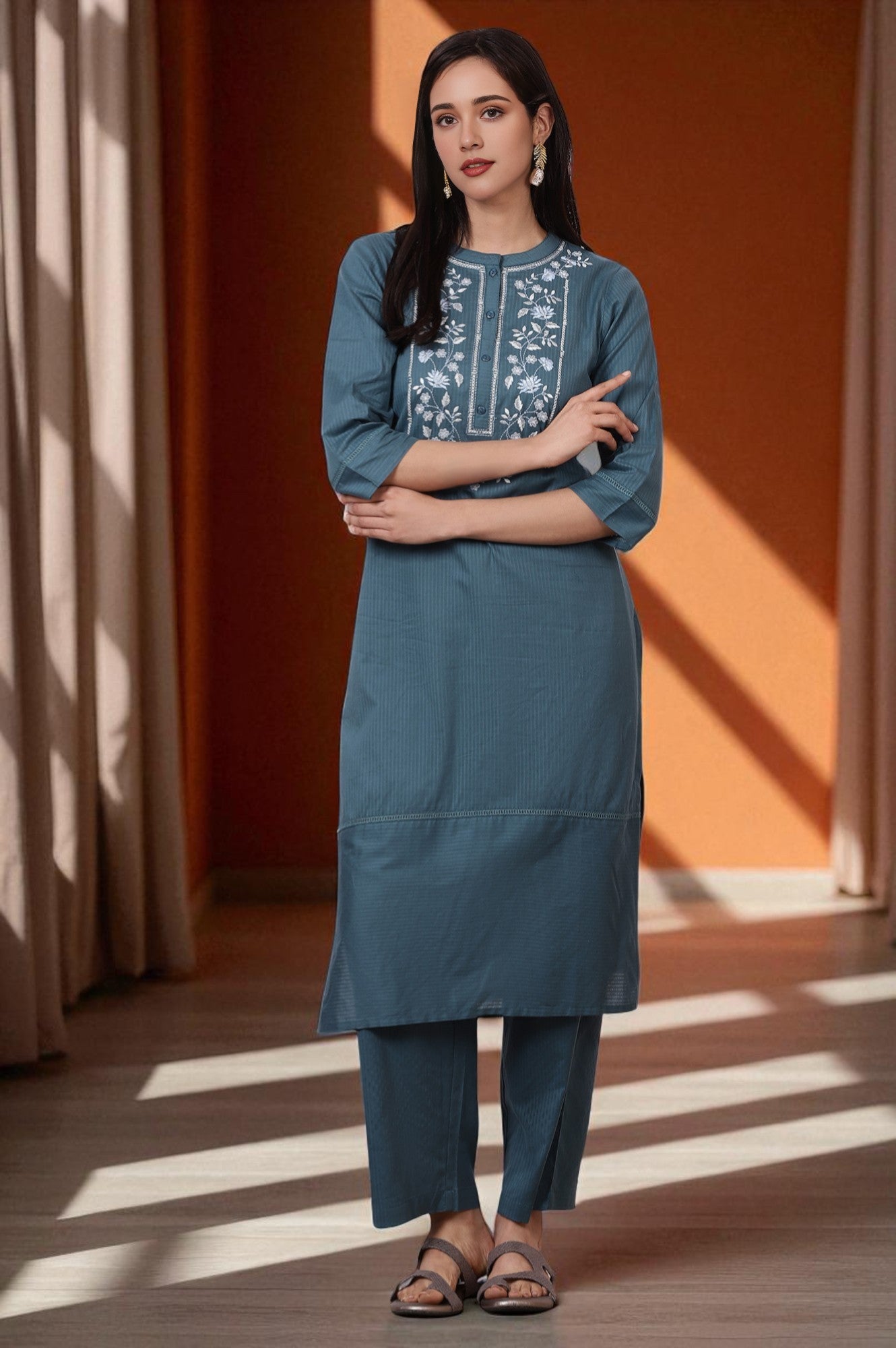 Blue Embroidered Yoke Pure Cotton Straight Kurta and Pants Set