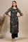 Black Floral Printed Straight Kota Kurta with Embroidered Neckline
