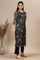 Black Floral Printed Straight Kota Kurta with Embroidered Neckline