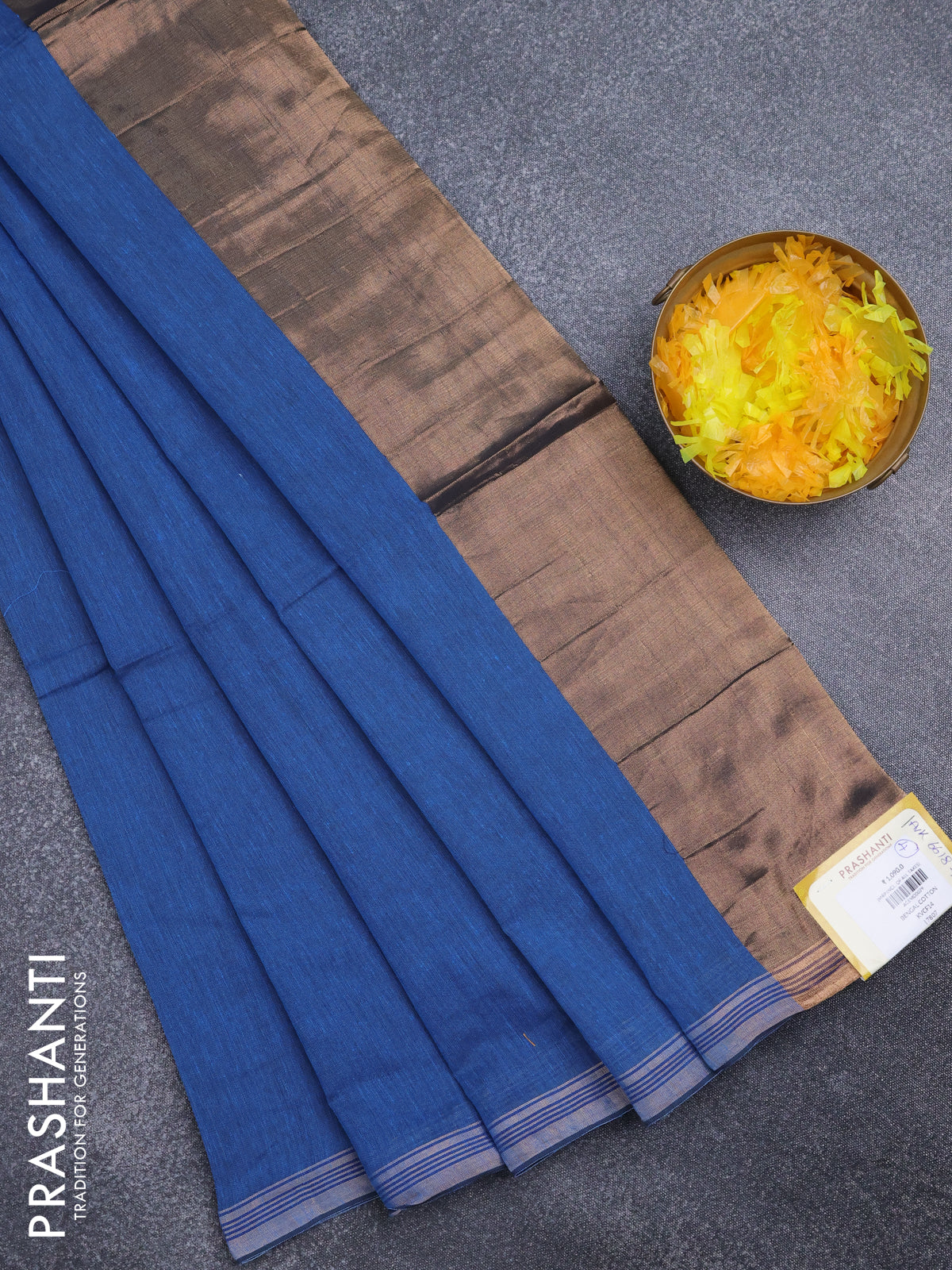 Bengal soft cotton saree cs blue with plain body and zari woven piping border
