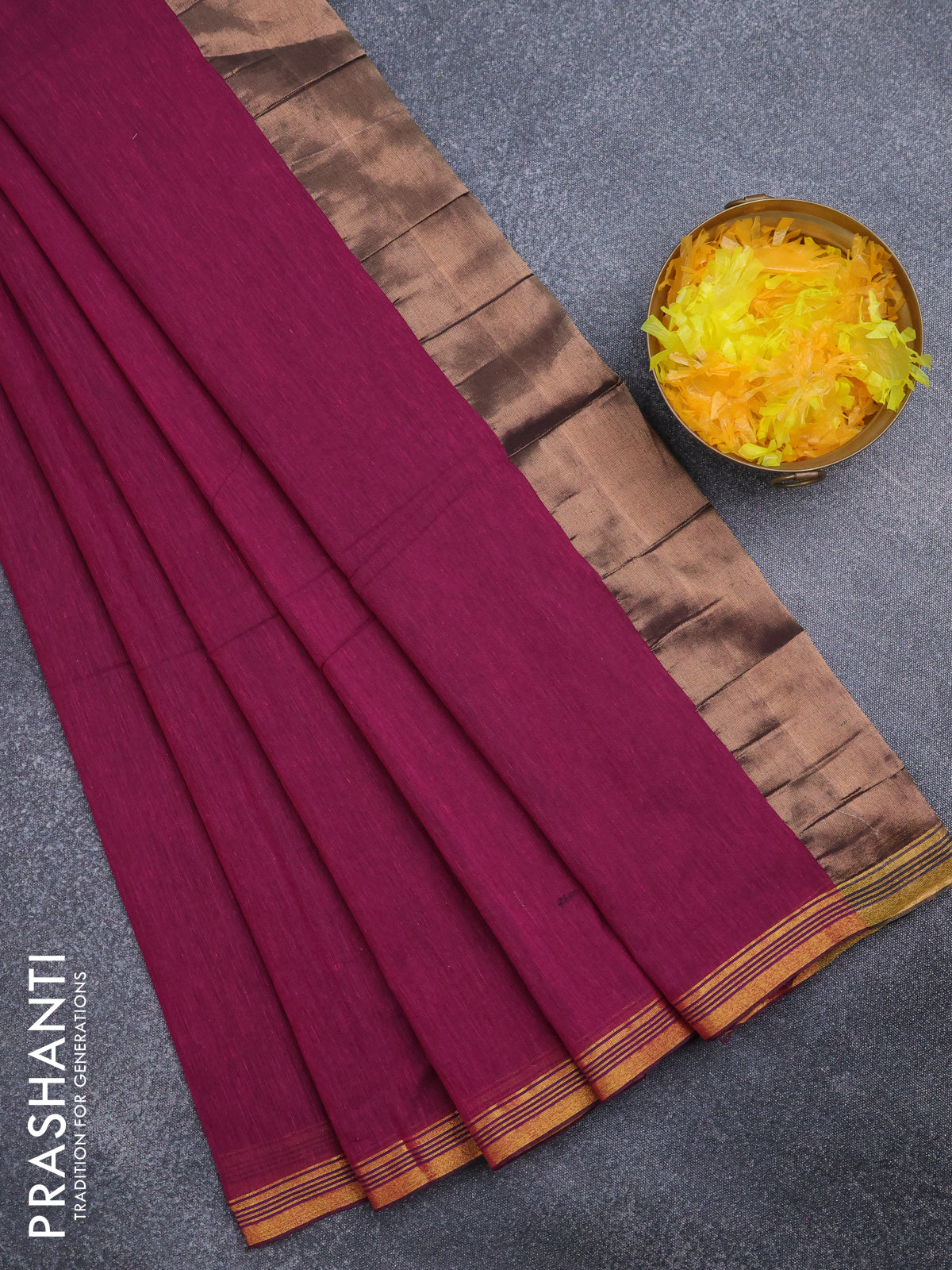 Bengal soft cotton saree magenta pink with plain body and zari woven piping border