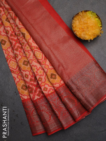 Chanderi silk cotton saree pale orange and red shade with allover ikat prints and banarsi style border