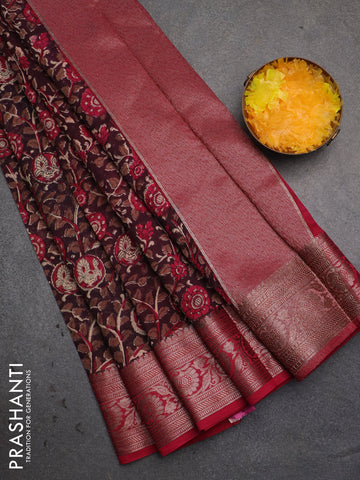 Chanderi silk cotton saree wine shade and pink with allover kalamkari prints and banarsi style border