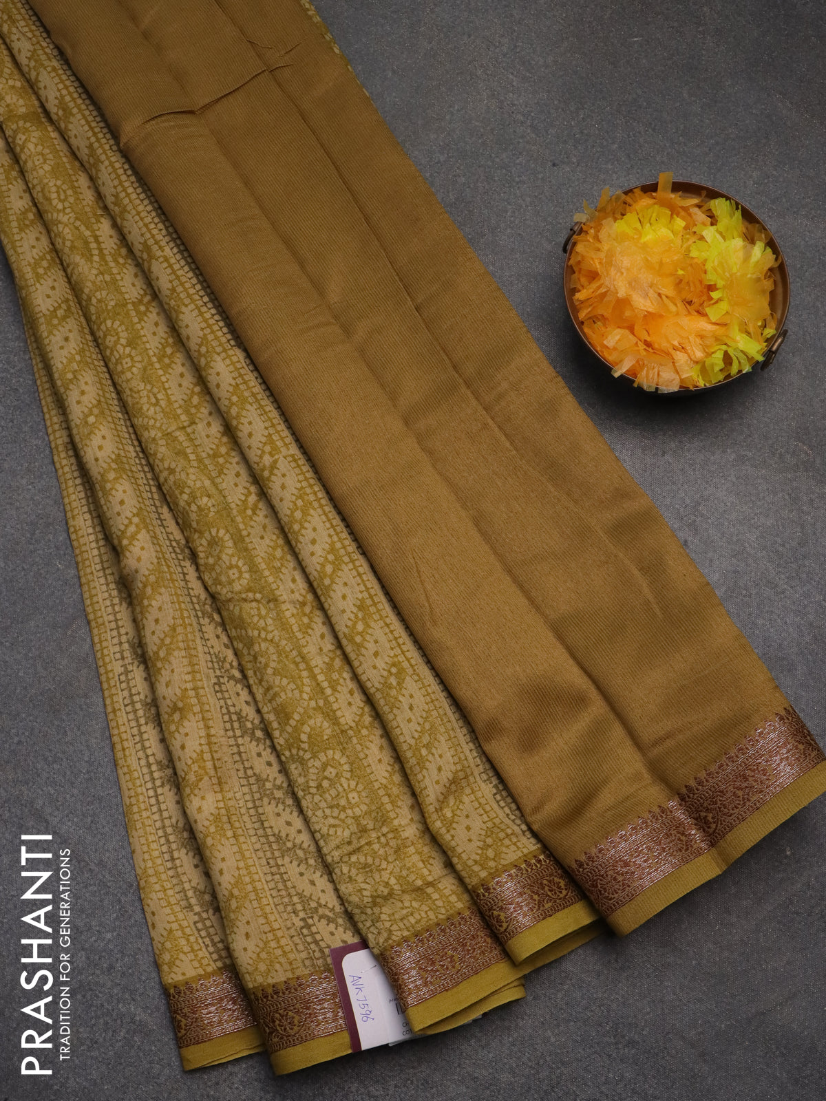 Chanderi silk cotton saree sandal mustard shade and green shade with allover prints and banarasi style border