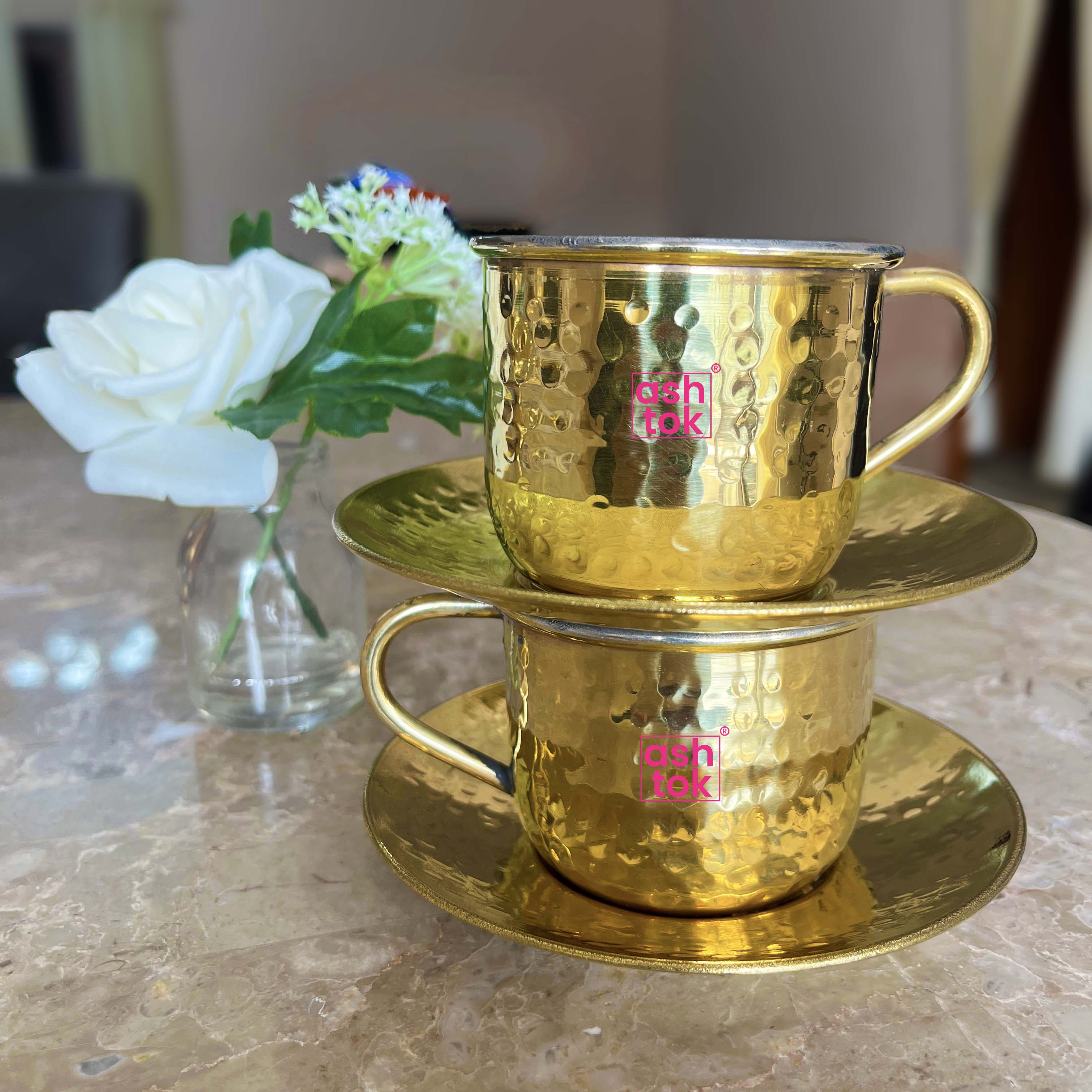 Brass Tea Cup Saucer Set with khalai, Brass Tea Cup Set with