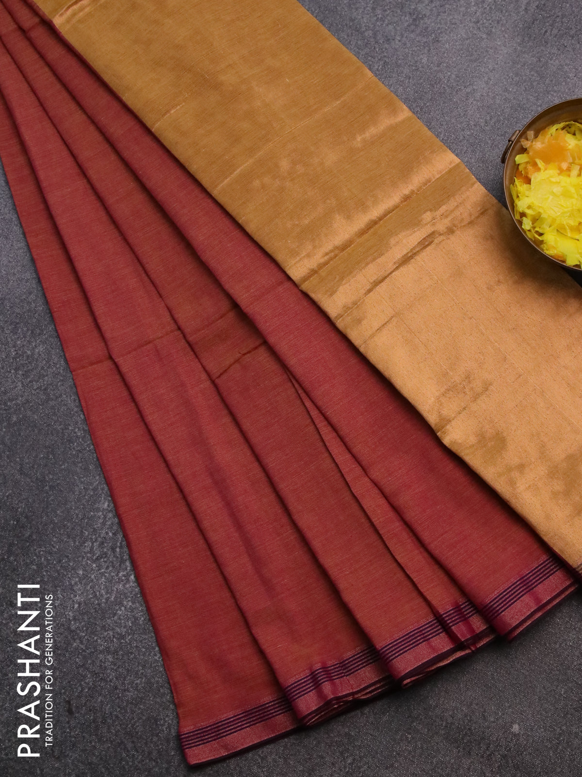 Bengal soft cotton saree dual shade of pinkish yellow with plain body and zari woven border