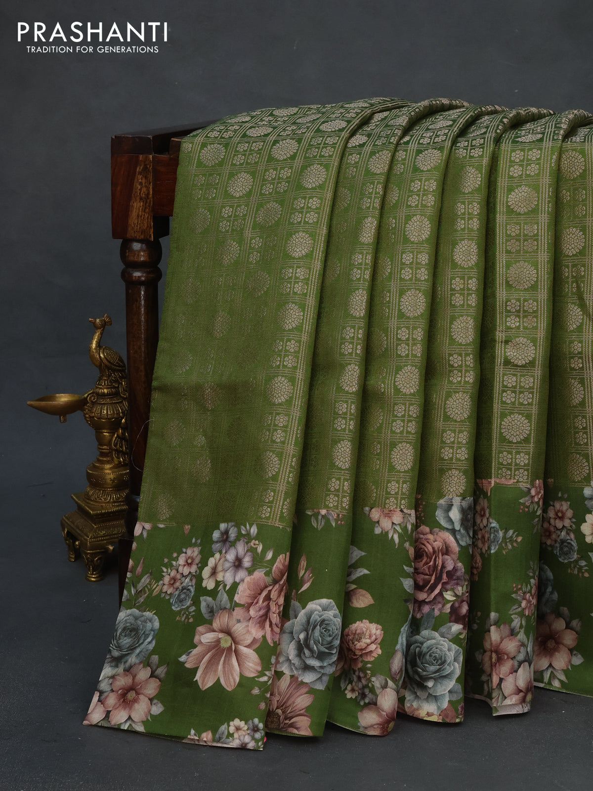 Banarasi silk saree green with allover zari woven brocade weaves and floral digital printed border