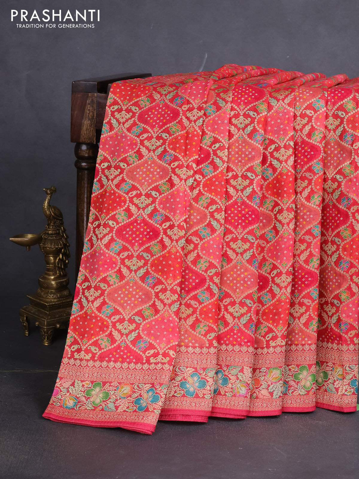 Banarasi georgette saree red and pink shade with bandhani prints & mina weaves