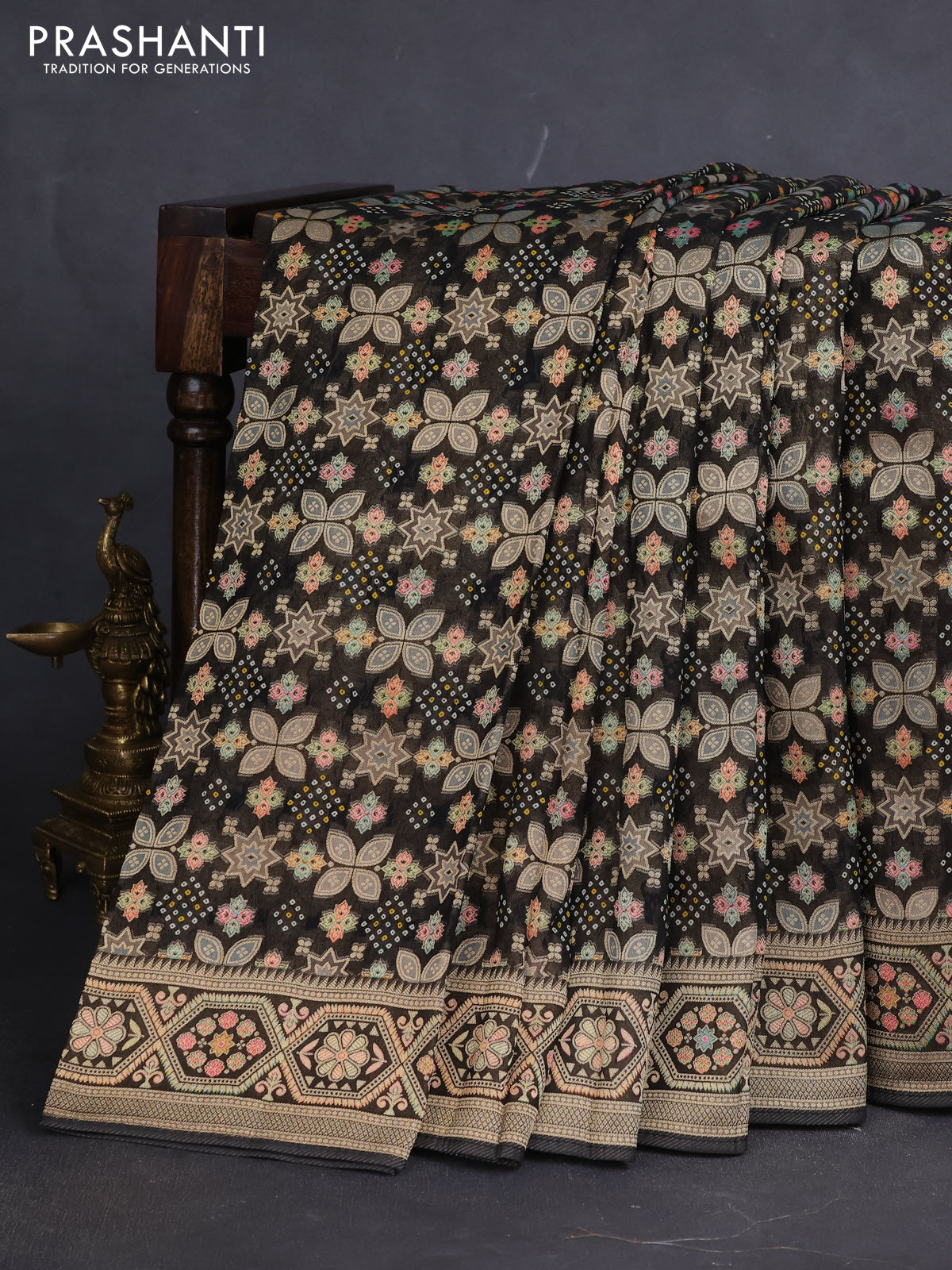 Banarasi georgette saree black with bandhani prints & mina weaves