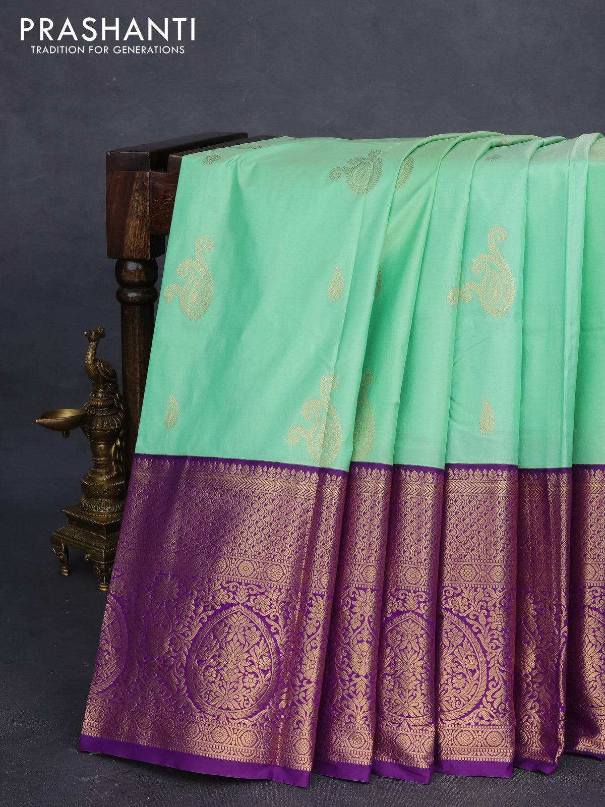 Bangalori silk saree pastel green and violet with zari woven buttas and long zari woven border