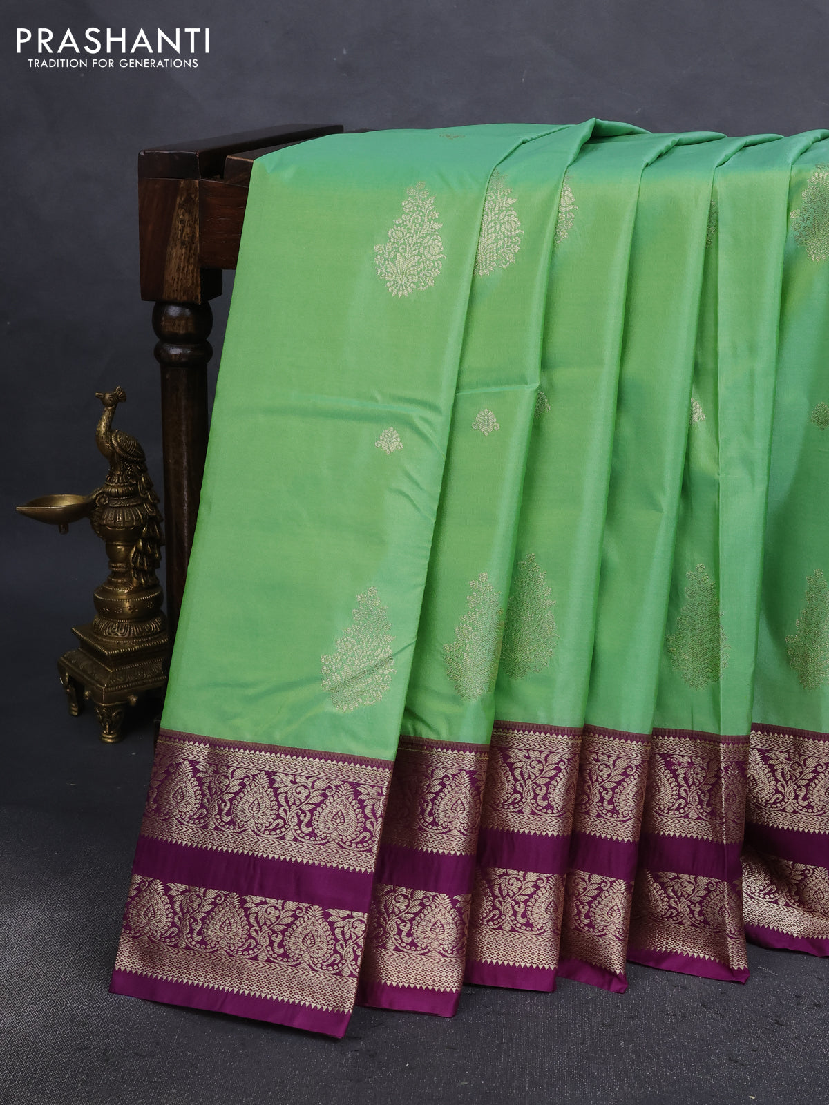 Bangalori silk saree pastel green and deep purple with zari woven buttas and zari woven border