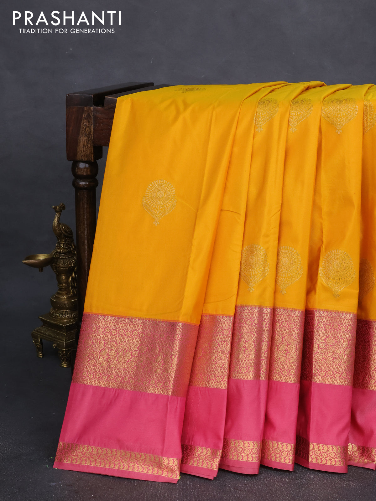 Bangalori silk saree mango yellow and pink with zari woven buttas and rettapet zari woven border