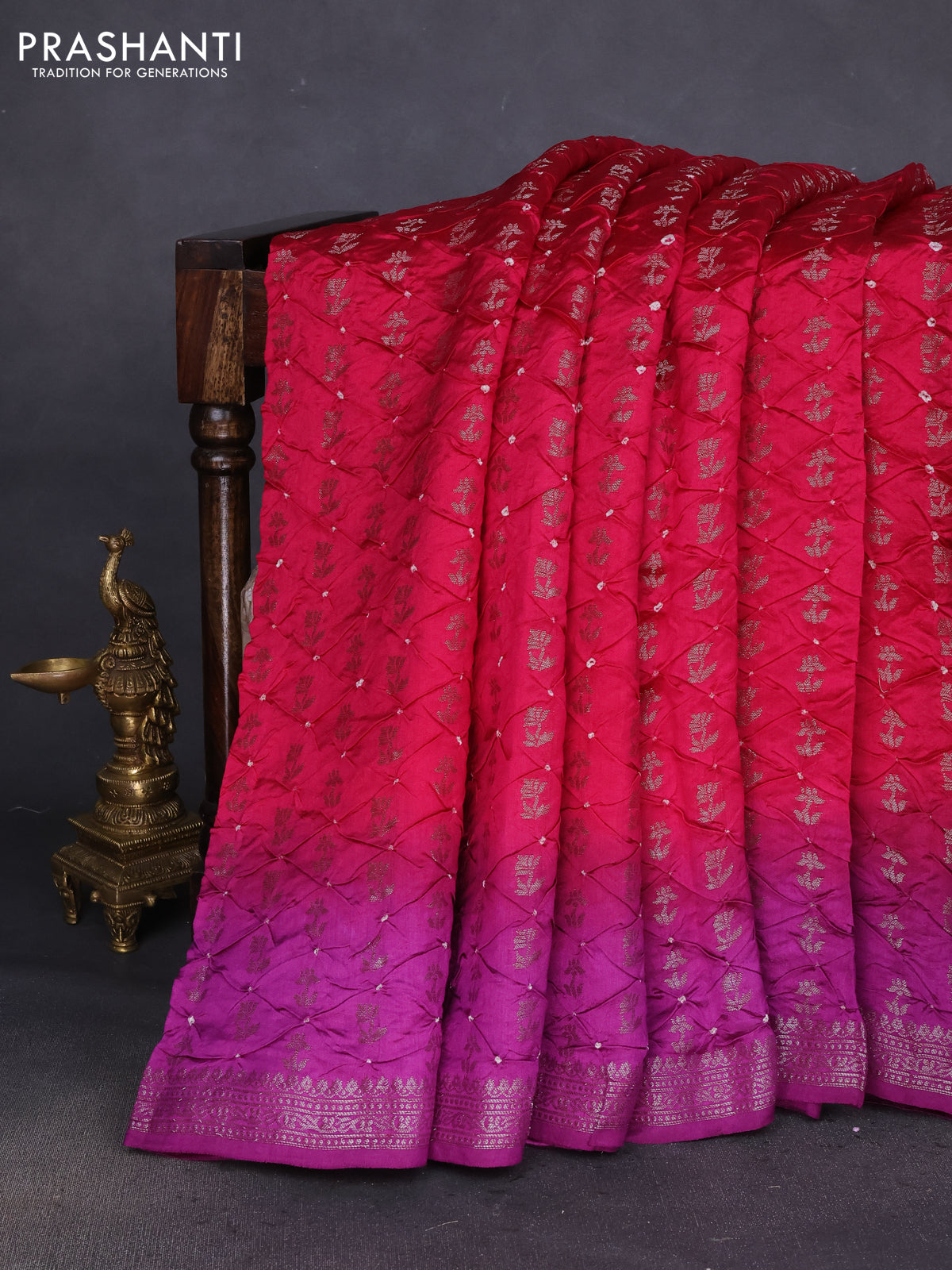 Chiniya silk saree pink and purple with allover bandhani prints & zari weaves and zari woven border