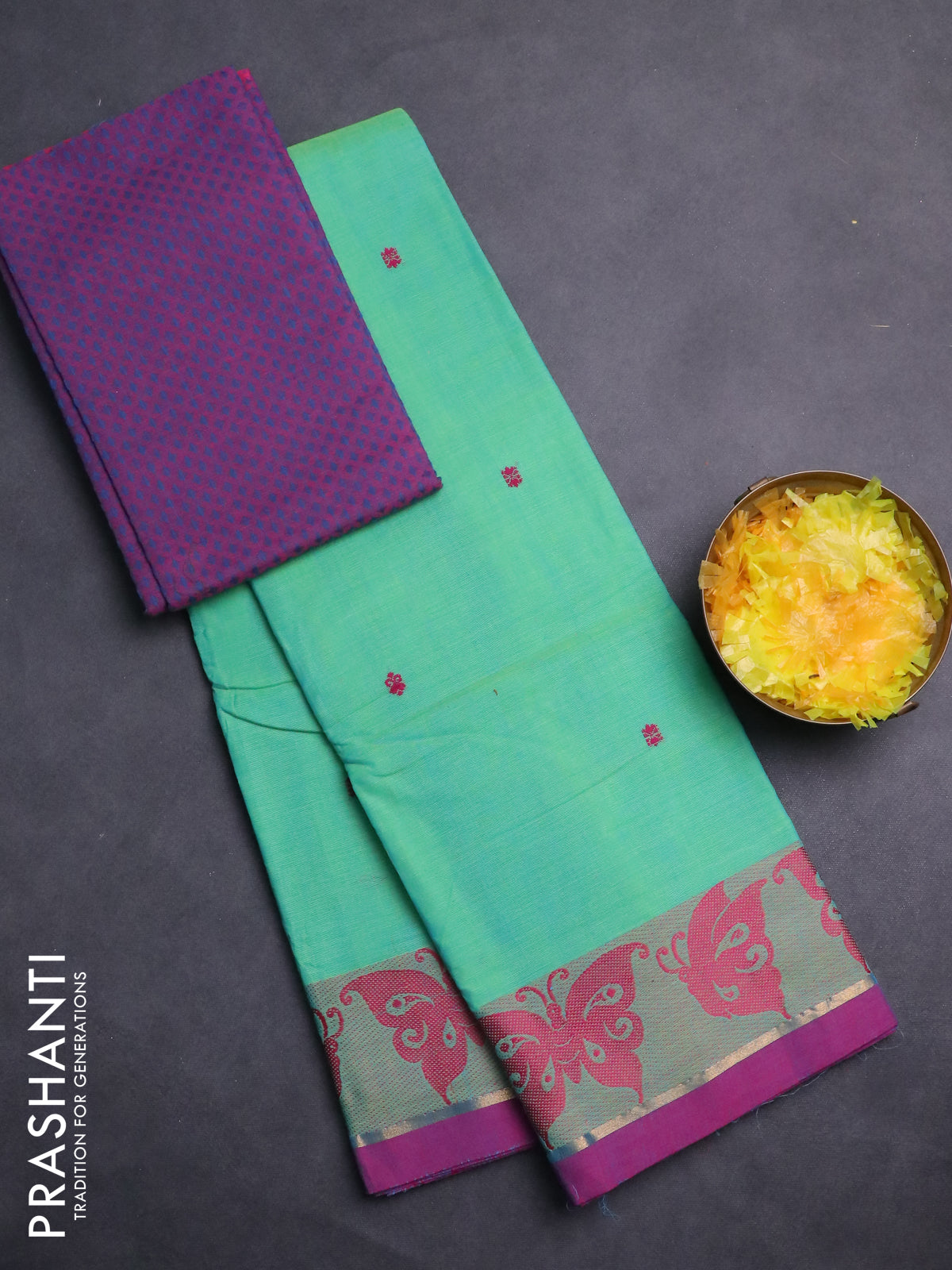 Chettinad cotton saree teal green and dark pink with thread woven buttas and thread woven border