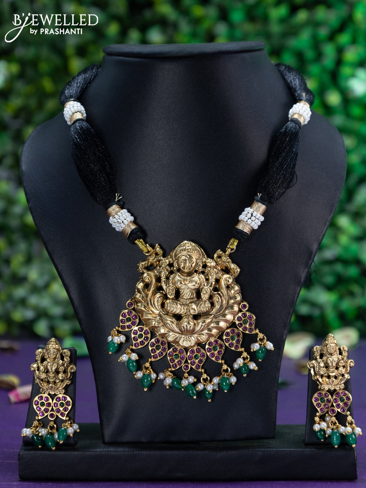 Black thread necklace kemp stones with lakshmi pendant and beads hangings