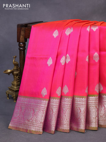 Venkatagiri silk saree candy pink and light green with silver zari woven buttas and annam design silver zari woven border