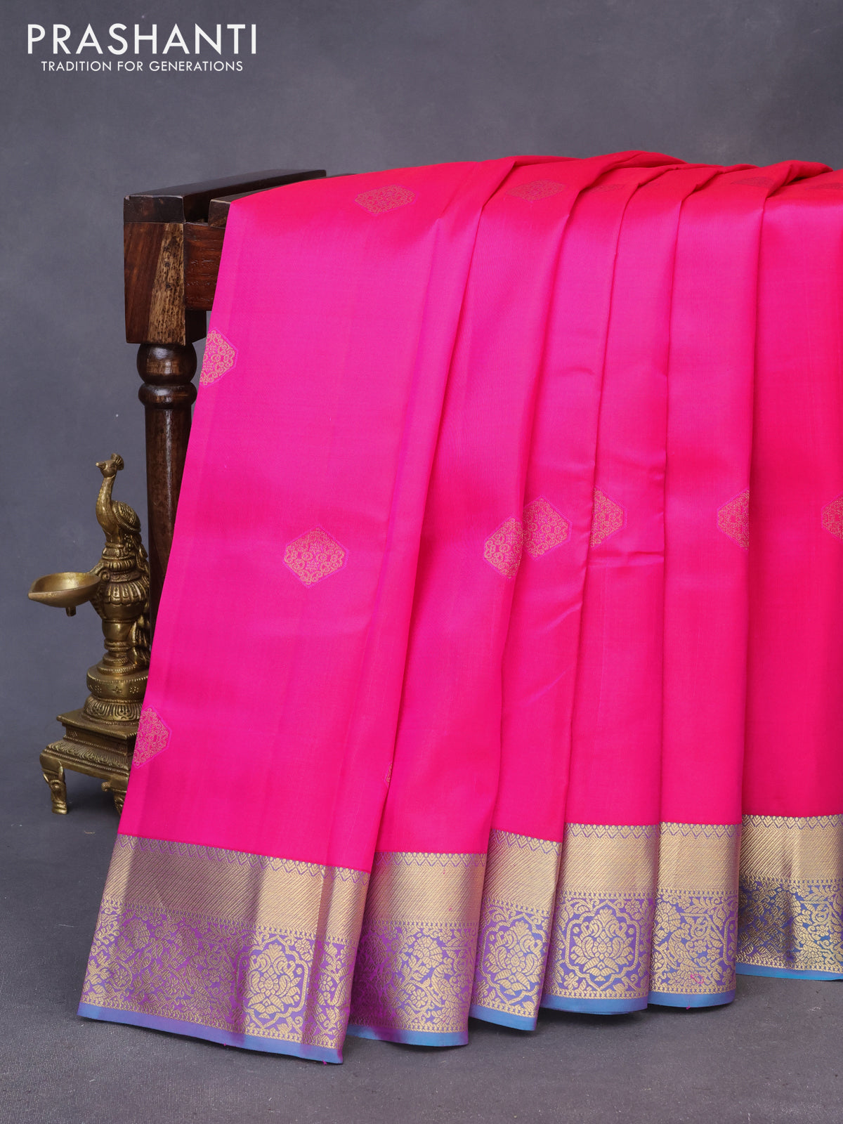 Pure kanchipuram silk saree dual shade of pink and dual shade of blue with zari woven buttas and zari woven border