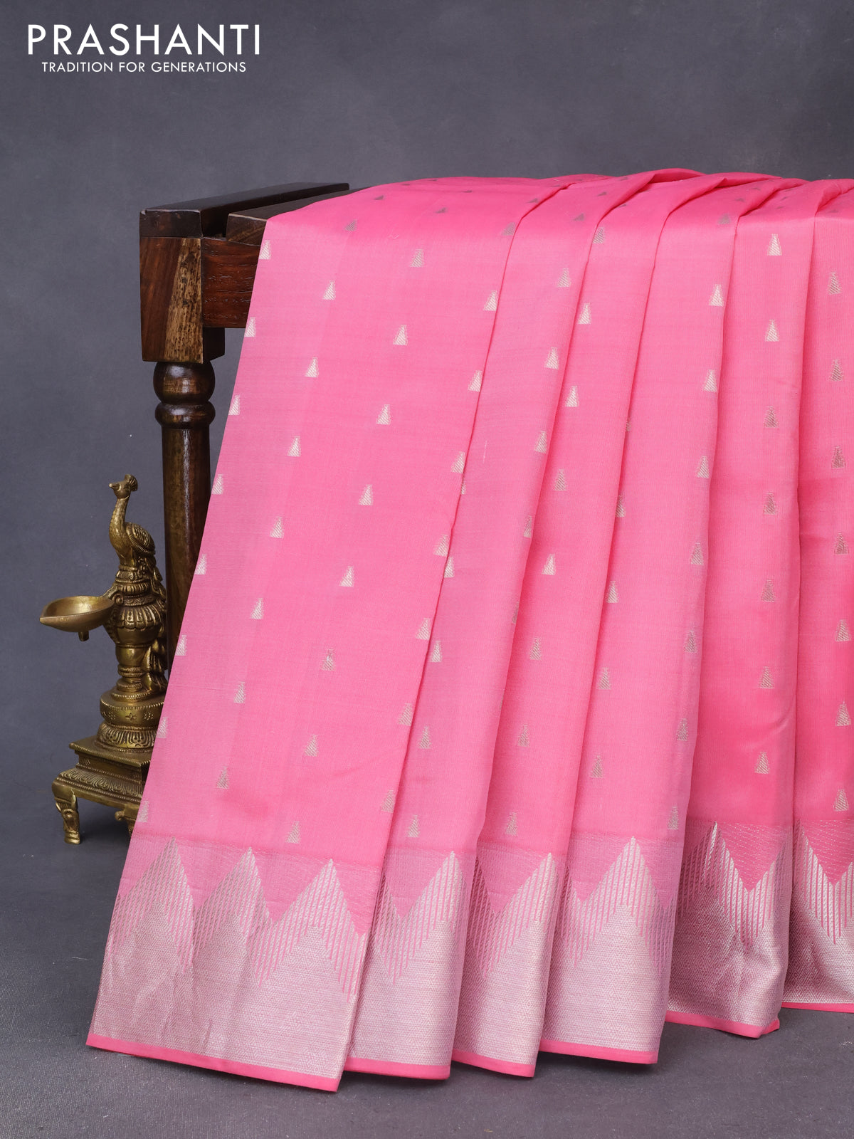 Pure kanchipuram silk saree pink with silver zari woven buttas and silver zari woven border