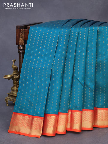 Pure kanchipuram silk saree peacock blue and orange with zari woven buttas and zari woven border