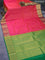 Pure kanchipuram silk saree dual shade of pinkish orange and green with allover self emboss and zari woven border