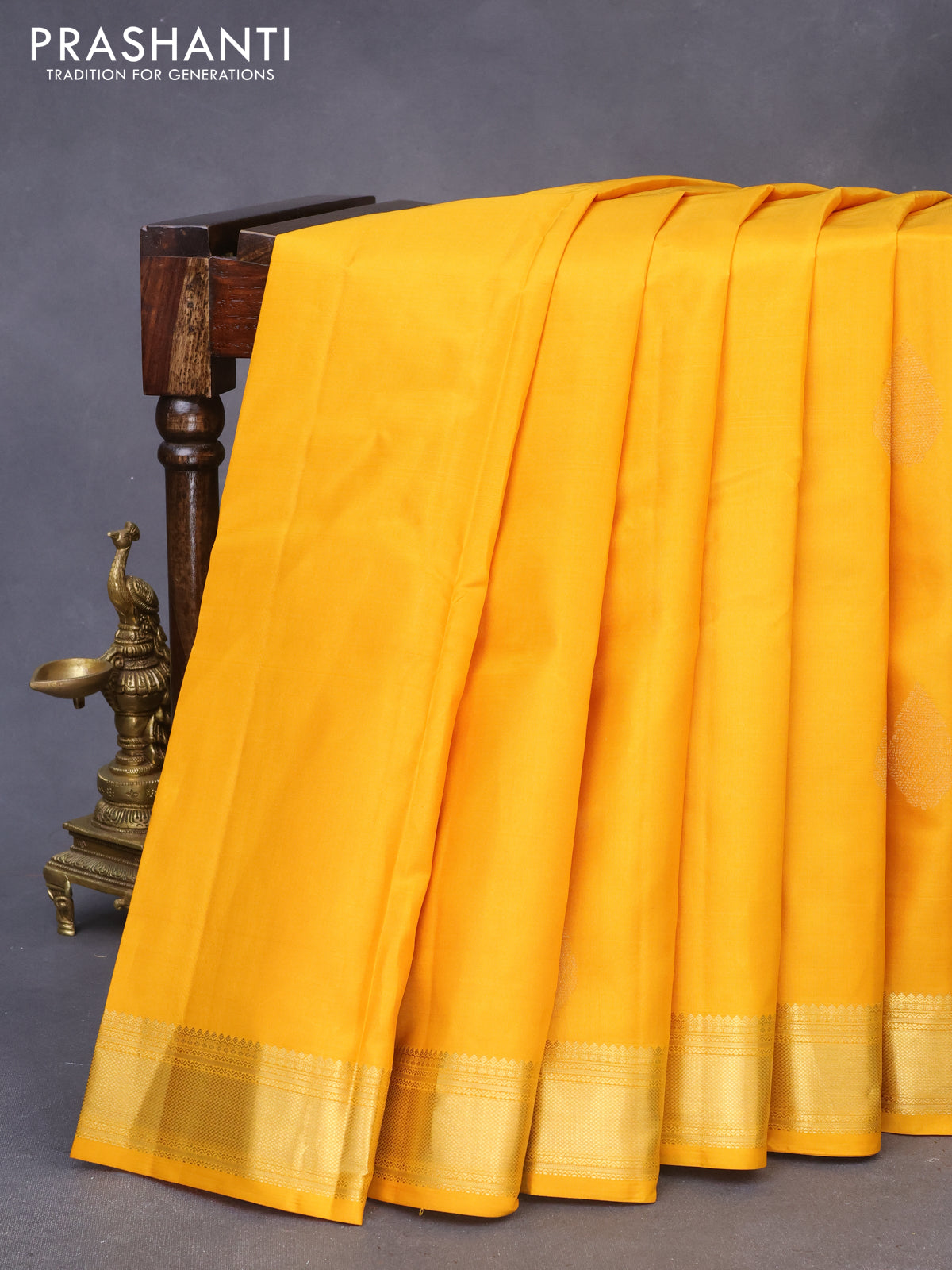 Pure kanchipuram silk saree mango yellow and pink with zari woven buttas and zari woven border