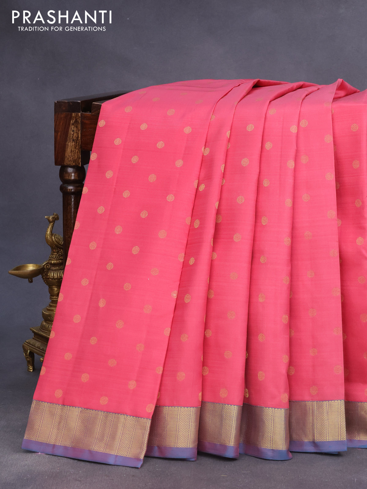 Pure kanchipuram silk saree pink and dual shade of teal blue with allover zari woven buttas and zari woven border