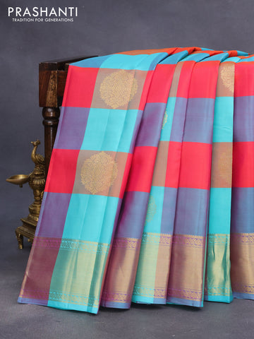 Pure kanchipuram silk saree multi colour and teal blue with allover paalum pazhamum checks & buttas and zari woven border