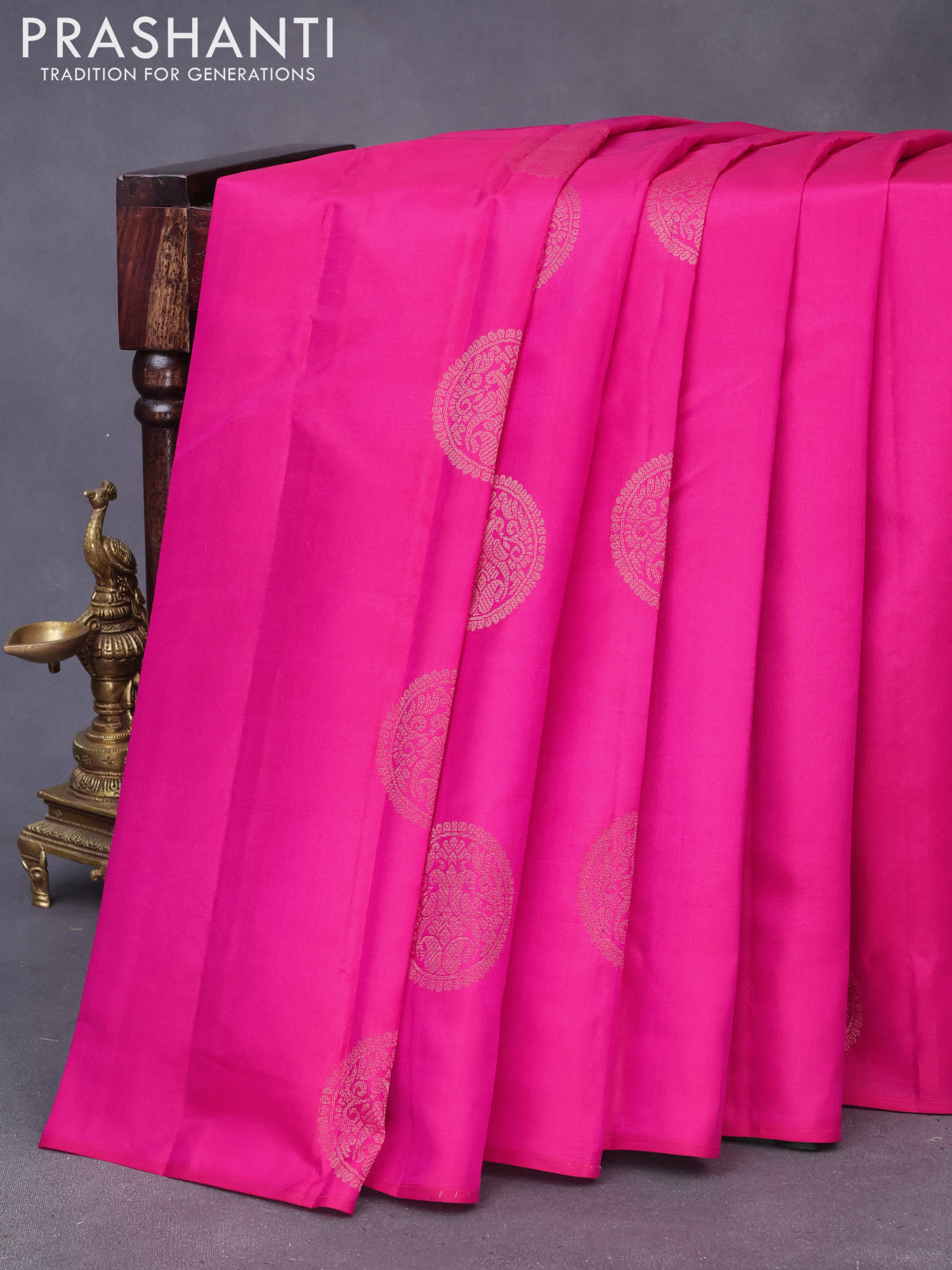 Pure kanchipuram silk saree pink and dark green with zari woven buttas in borderless style