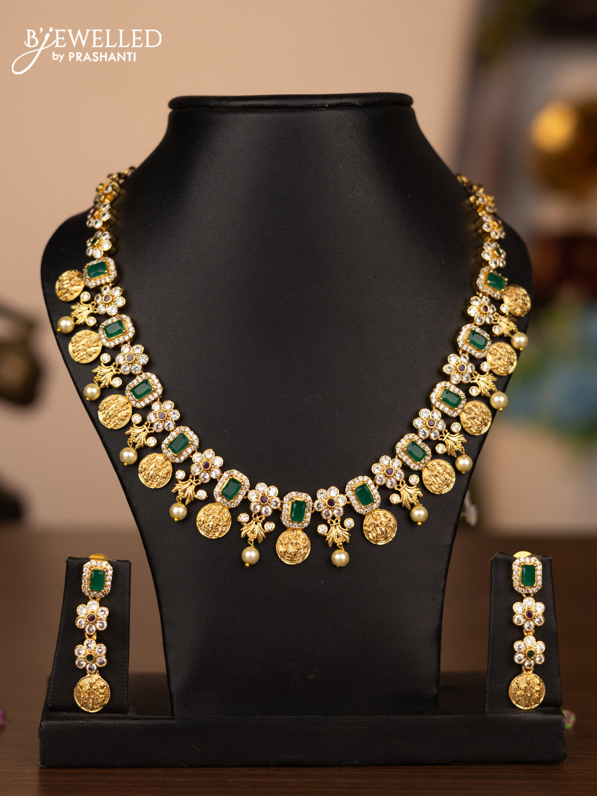 Antique necklace ramdarbar design with kemp & cz stones and pearl hangings