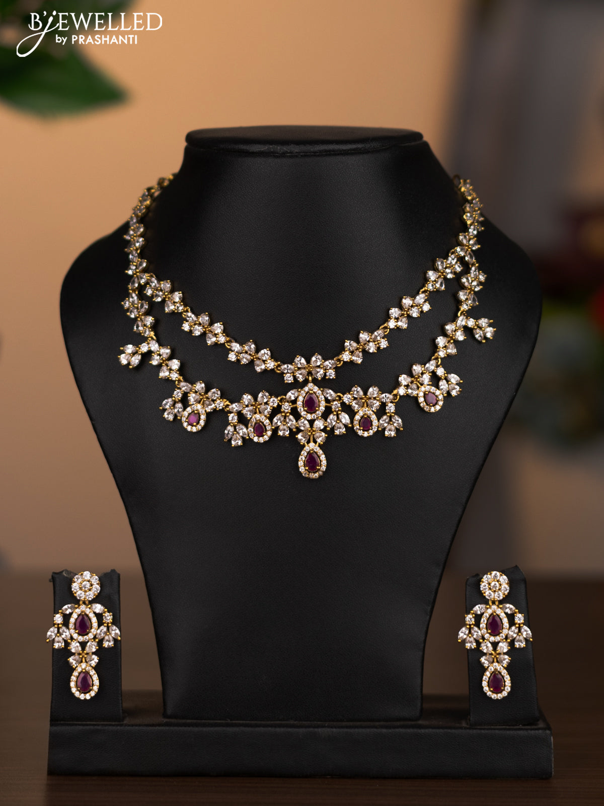 Antique double layer necklace with pink kemp and cz stones