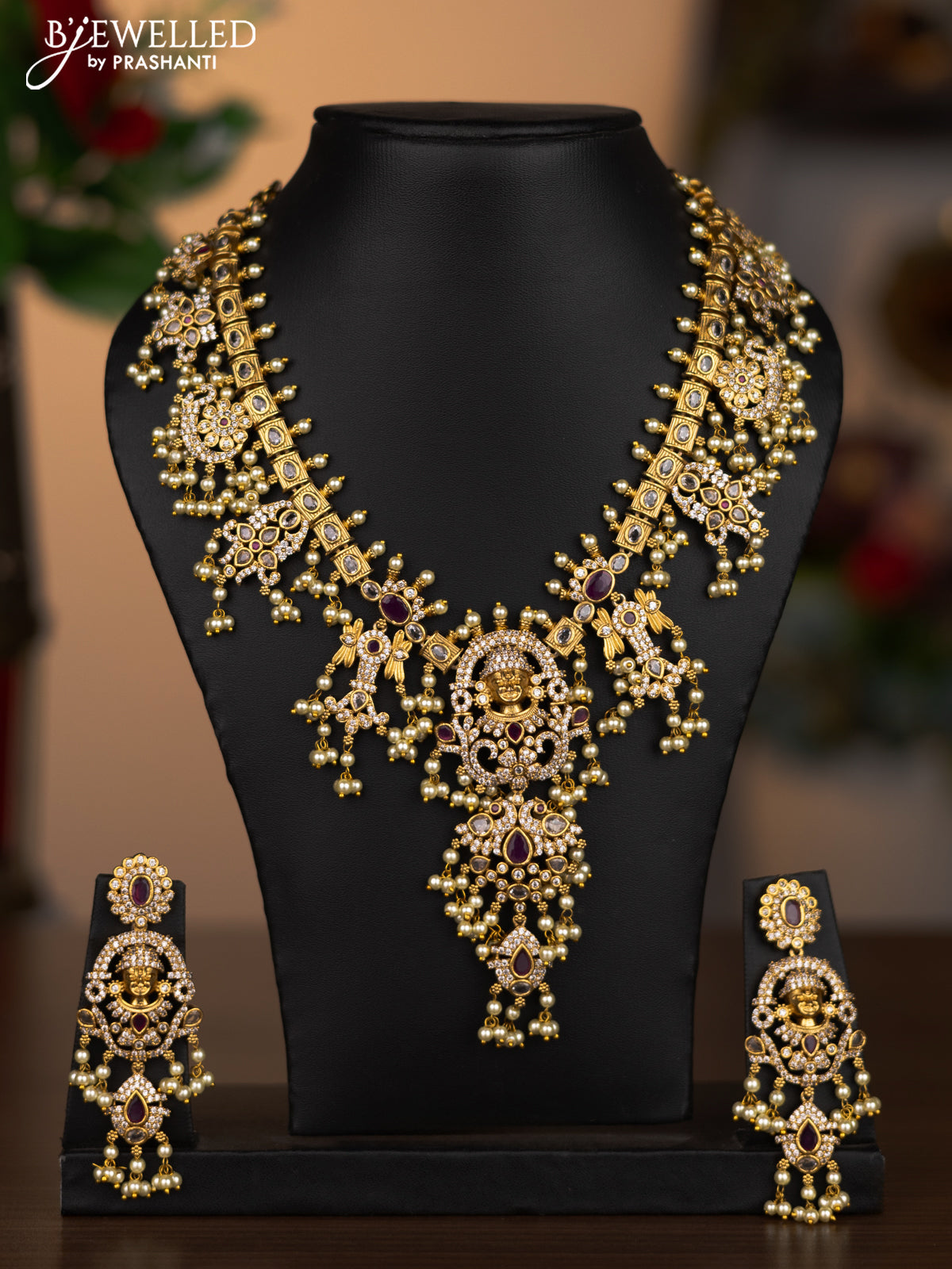 Antique guttapusalu necklace tirupati balaji pendant with pink kemp & cz stones and pearl hangings