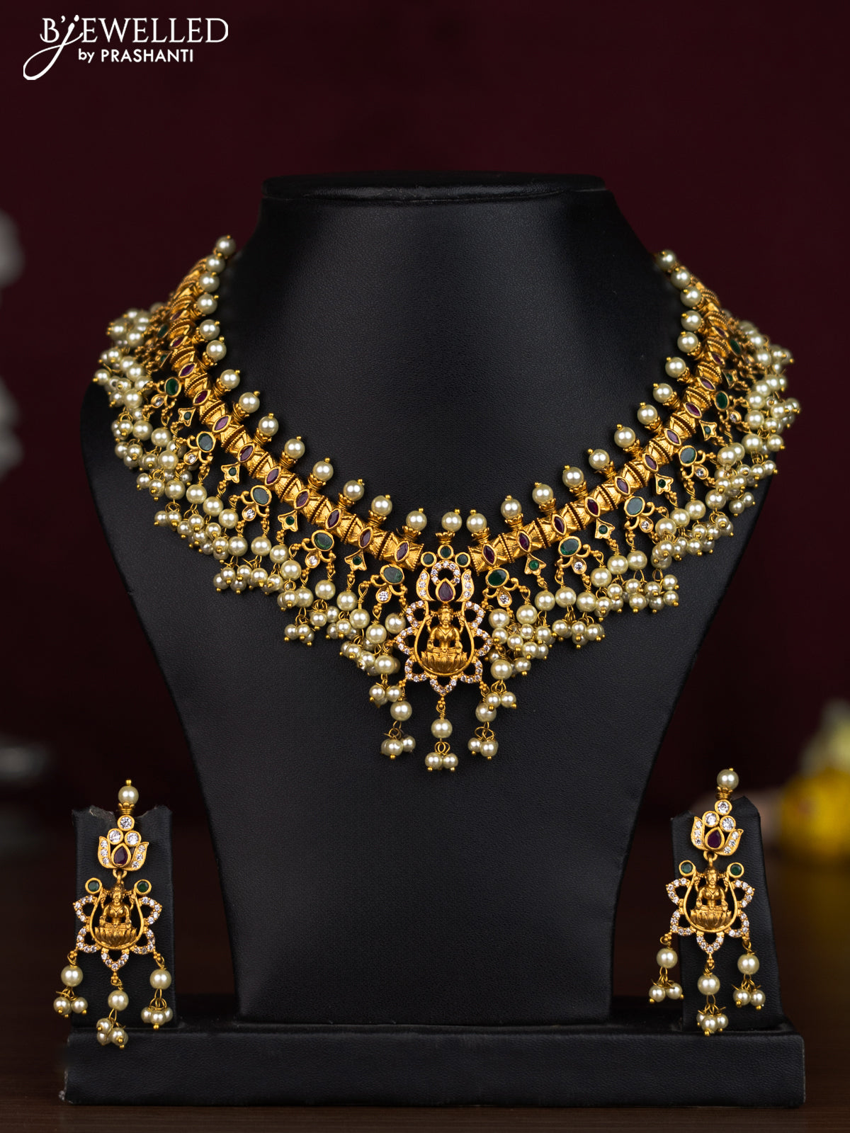 Antique guttapusalu necklace lakshmi design with kemp & cz stones and pearl hangings