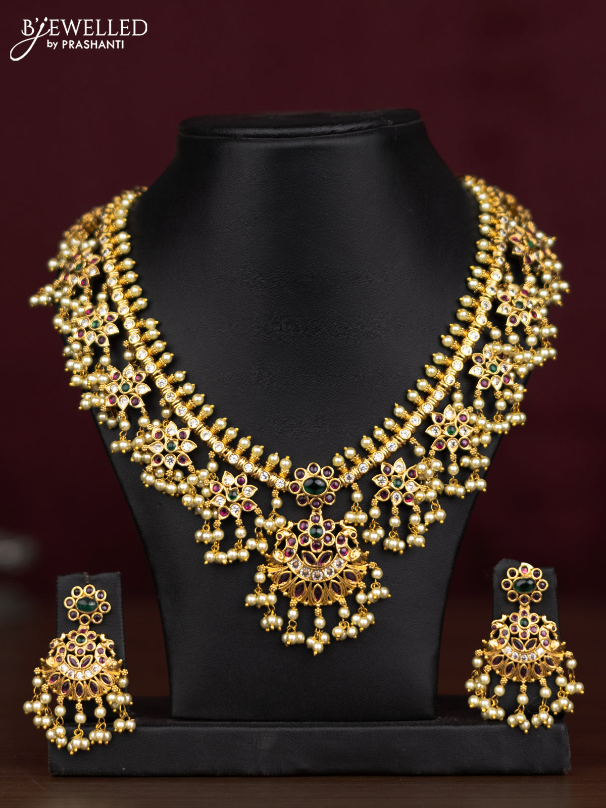 Antique guttapusalu necklace peacock design with kemp & cz stones and pearl hangings