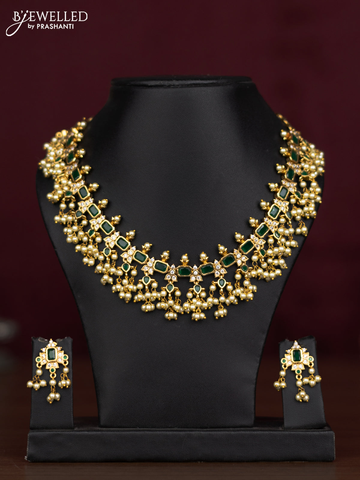 Antique guttapusalu necklace with emerald & cz stones and pearl hangings