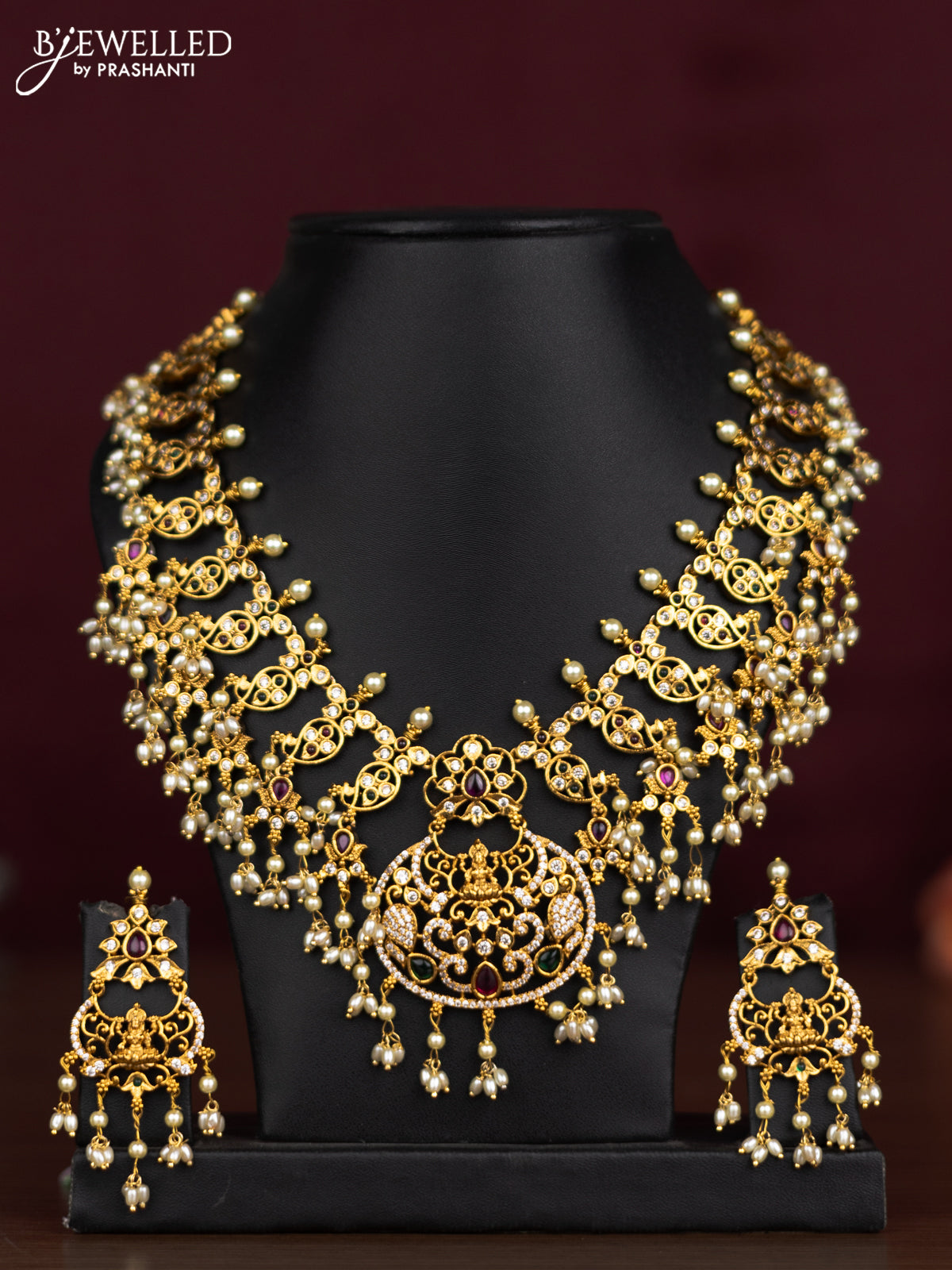 Antique guttapusalu necklace lakshmi design with kemp & cz stones and pearl hangings