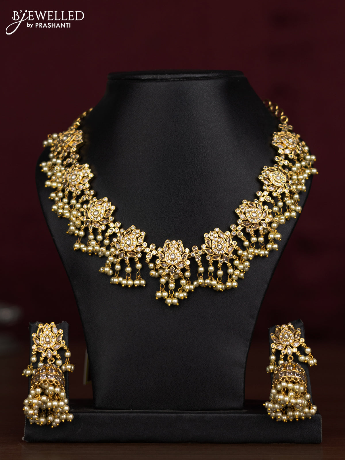 Antique guttapusalu necklace floral design with cz stones and pearl hangings