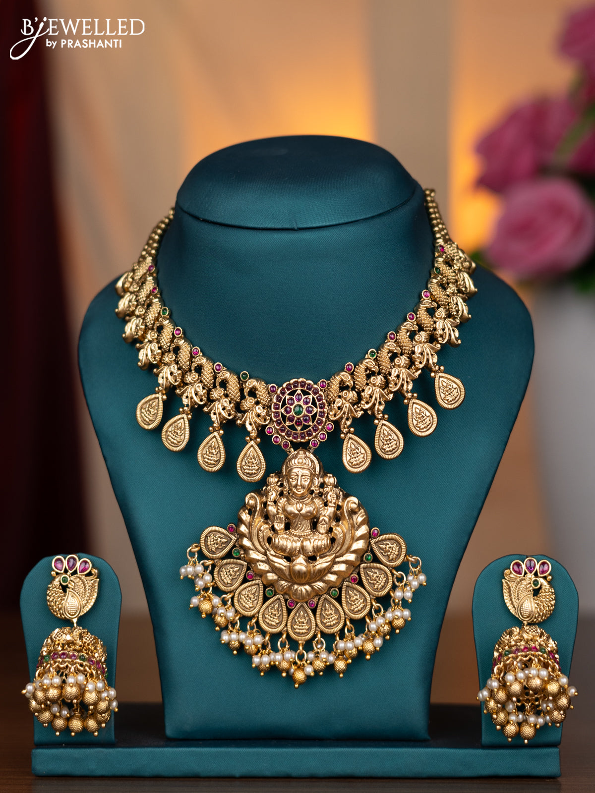 Antique Necklace lakshmi & peacock design with kemp stones and pearl & golden beads hanging