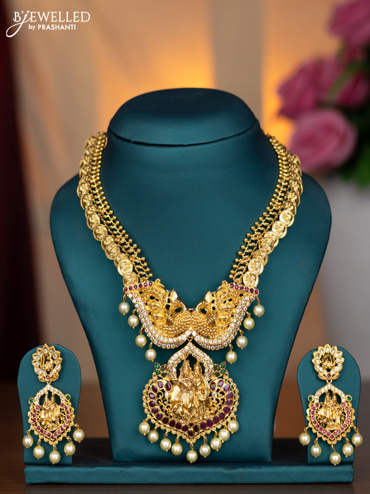 Antique necklace radha krishna pendant with kemp & cz stones and pearl hangings